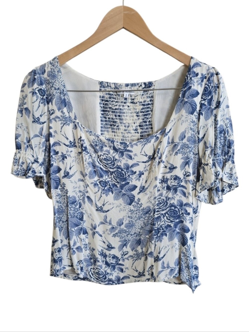 Reformation Constance Coquette Blue & White Ruffle Smocked Floral Blouse. SZ 12